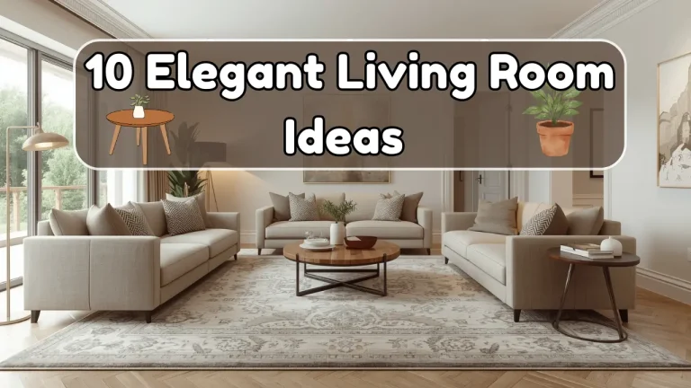 Elegant modern living room featuring a beige sofa, layered lighting, and the text 10 Elegant Living Room Ideas