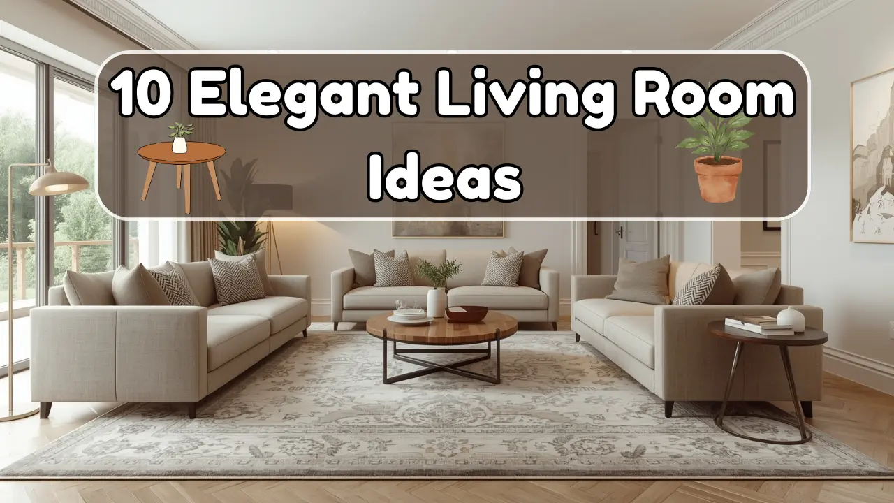 Elegant modern living room featuring a beige sofa, layered lighting, and the text 10 Elegant Living Room Ideas