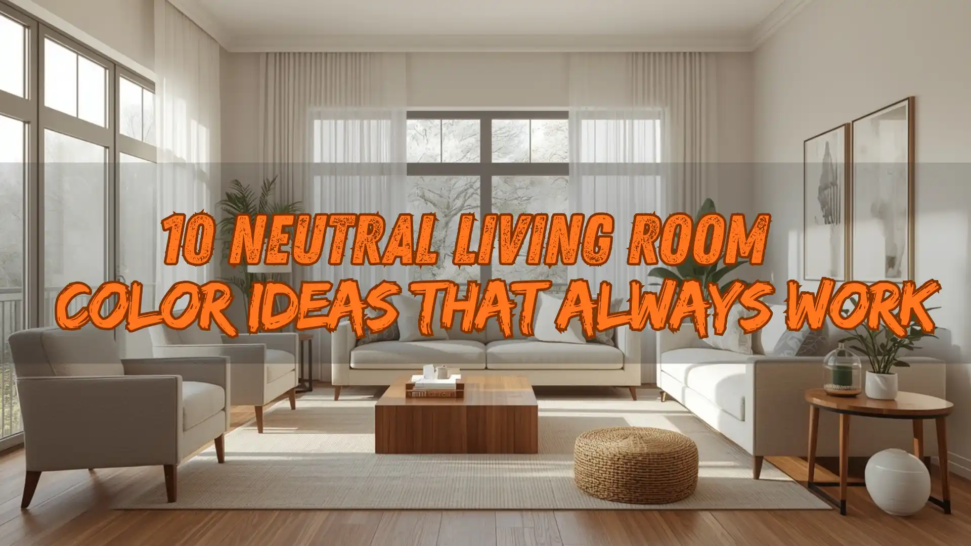 Neutral living room design with beige sofa, warm white walls, and modern minimalist decor