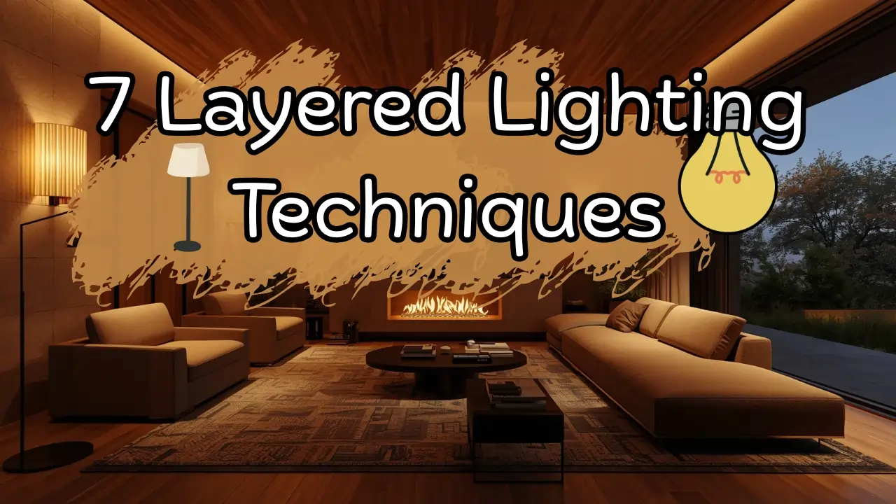A cozy modern living room glowing with warm layered lighting and the text Layered Lighting Techniques