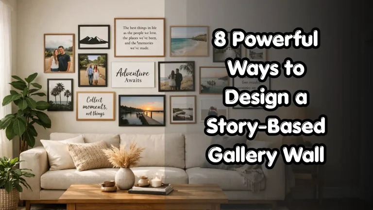 story-based gallery wall in a modern living room with personal photos and stylish decor