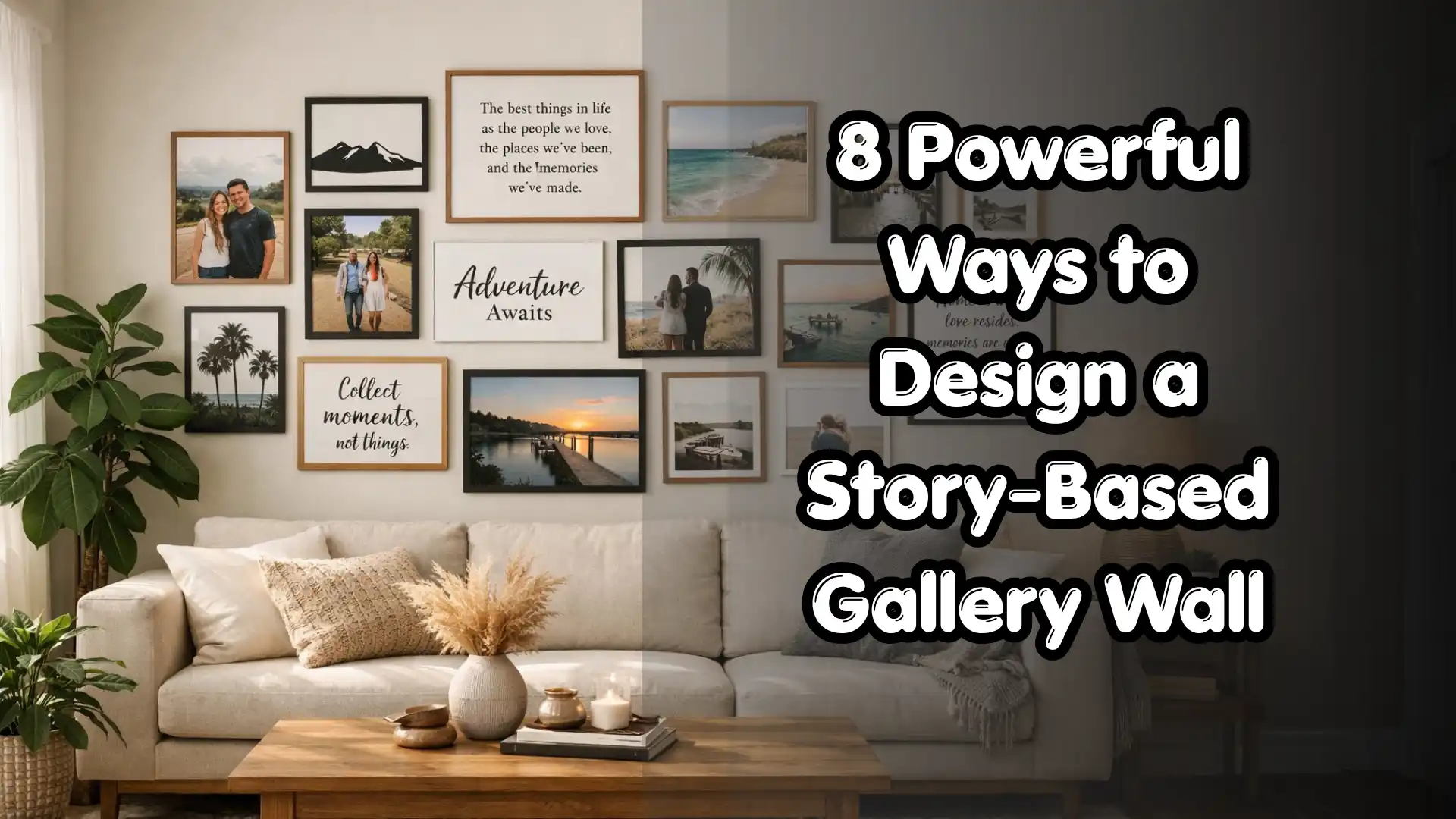 story-based gallery wall in a modern living room with personal photos and stylish decor