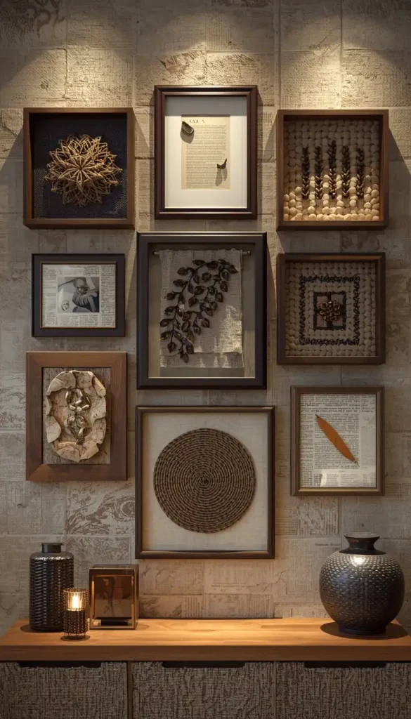 gallery wall with layered frames and textured decorative elements