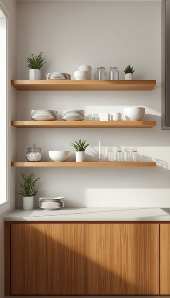 Open kitchen shelving with neatly arranged dishes and decor