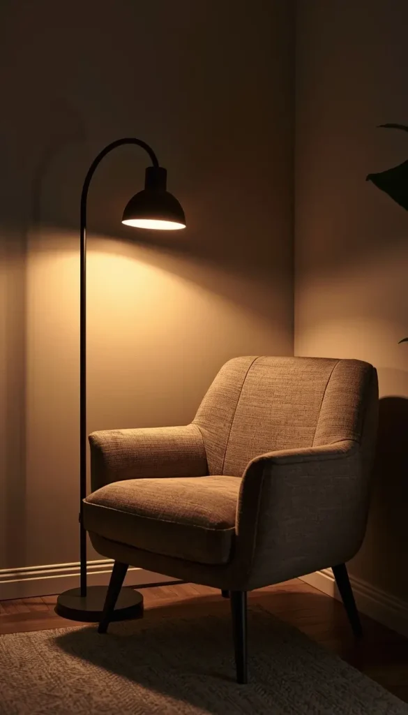 A modern arched floor lamp providing focused task lighting over a cozy reading chair.