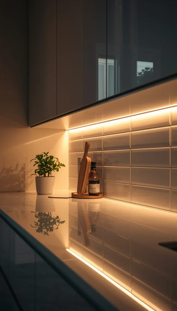 Warm under cabinet LED lighting illuminating a modern kitchen countertop