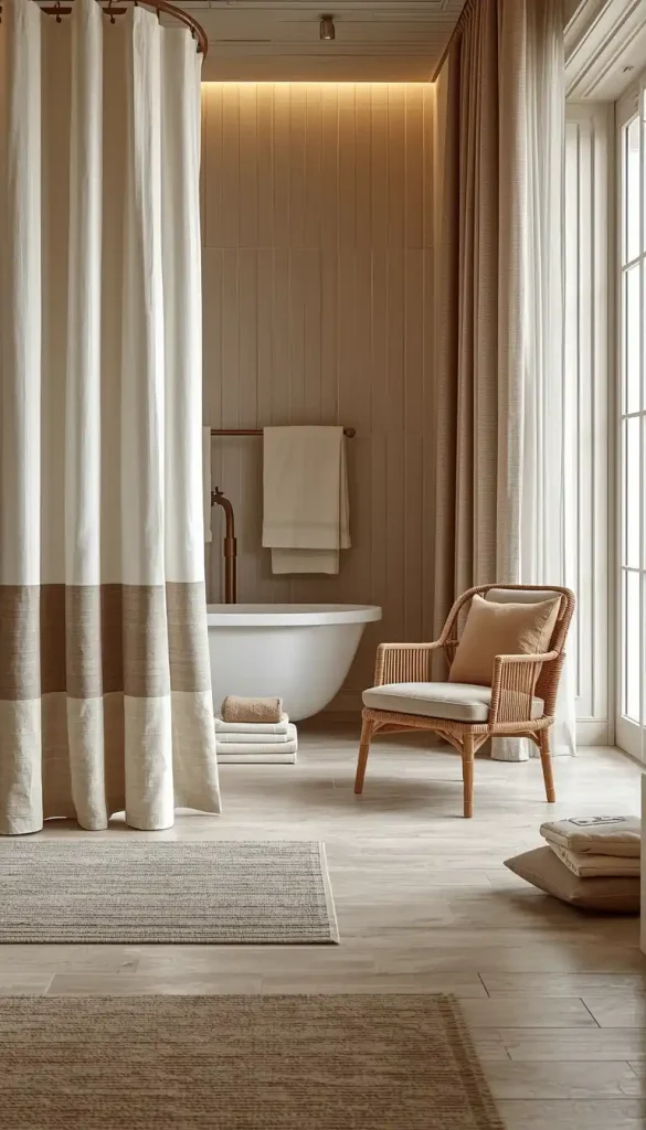 Bathroom with layered bath mats, towels, linen shower curtain, accent fabrics, and layered curtains demonstrating full fabric layering.