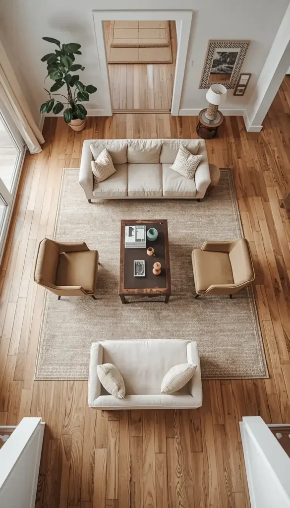An open, balanced living room furniture layout with a sofa and chairs arranged evenly around a coffee table