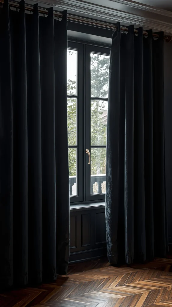 Heavy, dark velvet curtains completely blocking a living room window and stopping natural sunlight