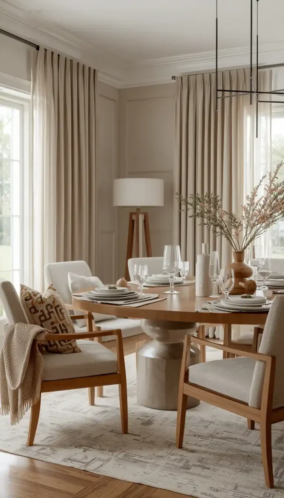Dining room with linen chair cushions, layered throws, textured runner, patterned accents, and layered curtains demonstrating full fabric layering.