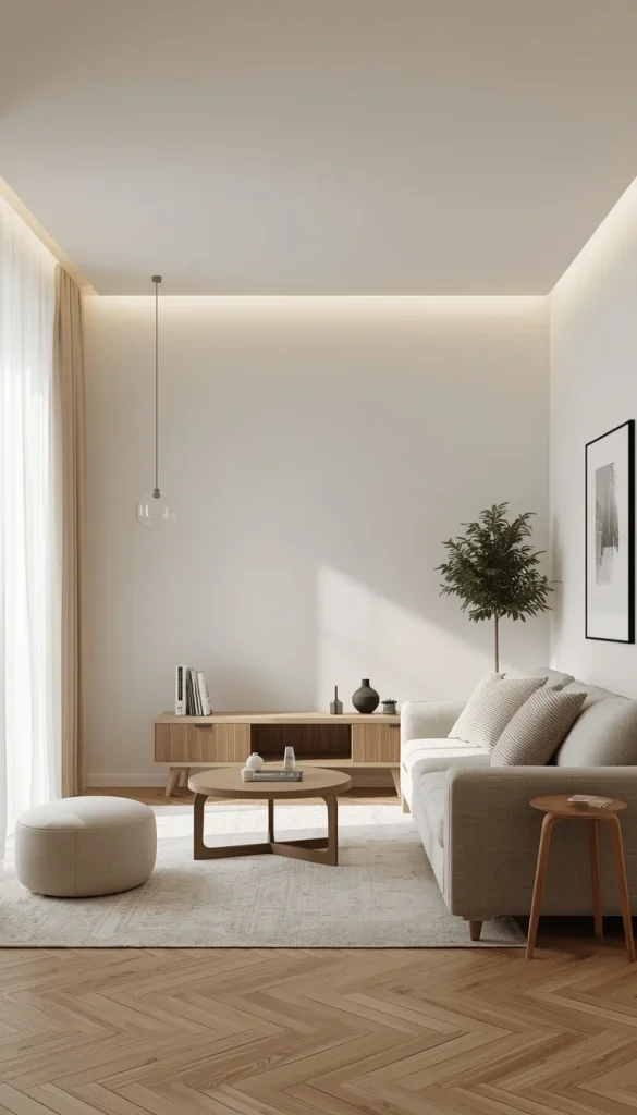 Calm and balanced small apartment interior with minimalist modern design