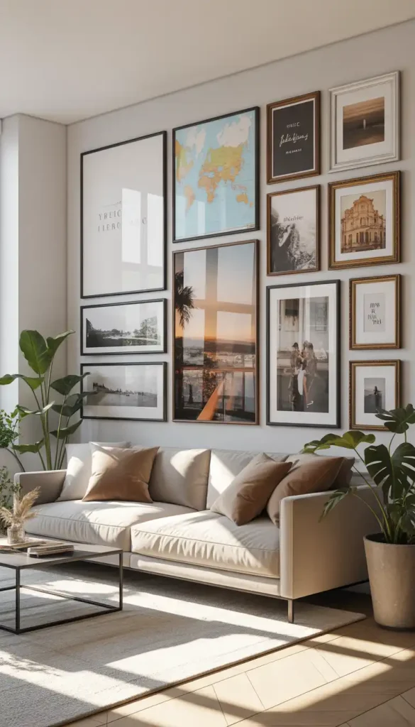 different gallery wall themes including minimalist travel and vintage styles