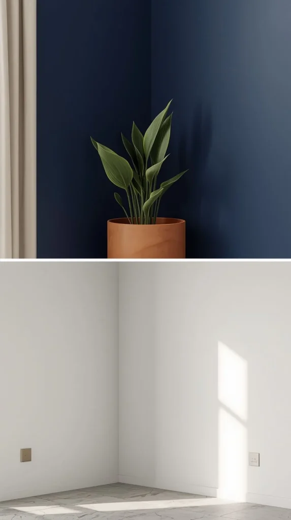 Vertical image showing bold modern room colors on top and monochromatic minimalist tones below.