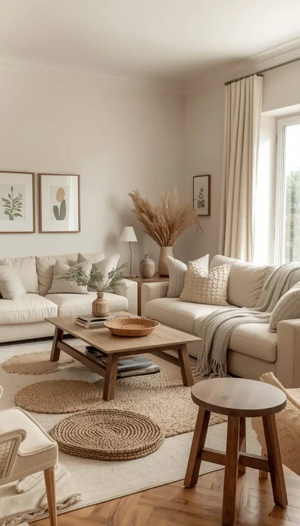 Cream living room with cozy textures and soft neutral tones