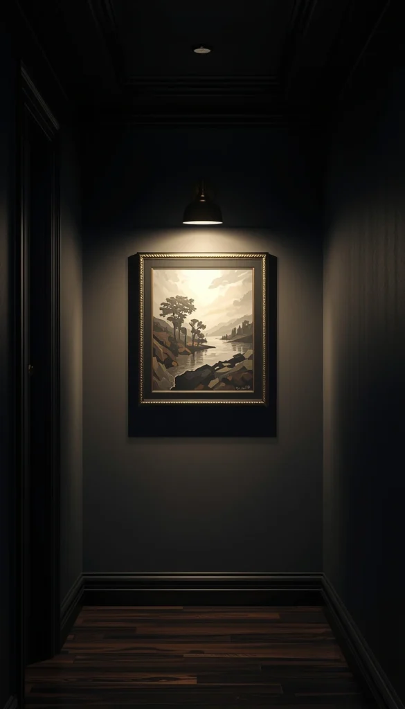 A brass picture light highlighting a framed piece of wall art for elegant accent lighting.