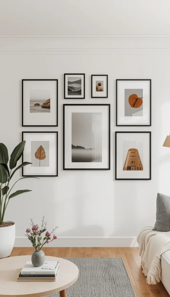 balanced gallery wall with different frame sizes and clean arrangement