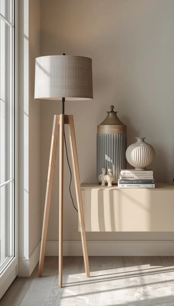 Shelf with decorative items of different heights and sizes showing visual balance and layered styling.