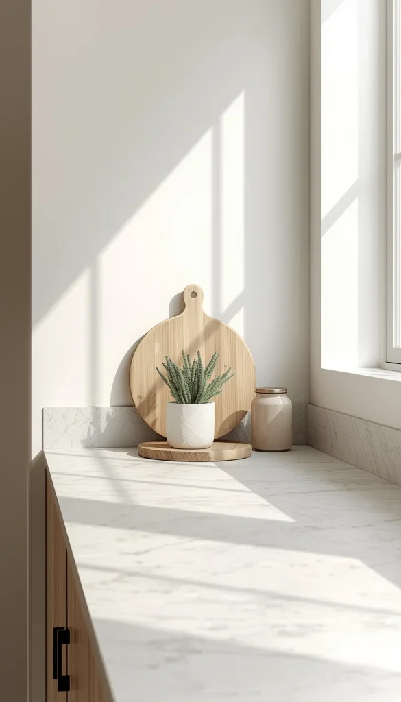 Clean and decluttered kitchen countertop with minimal decor items