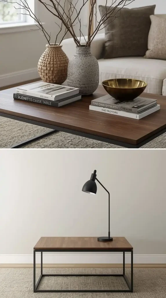 Styled modern coffee table on top and an empty minimalist table below.