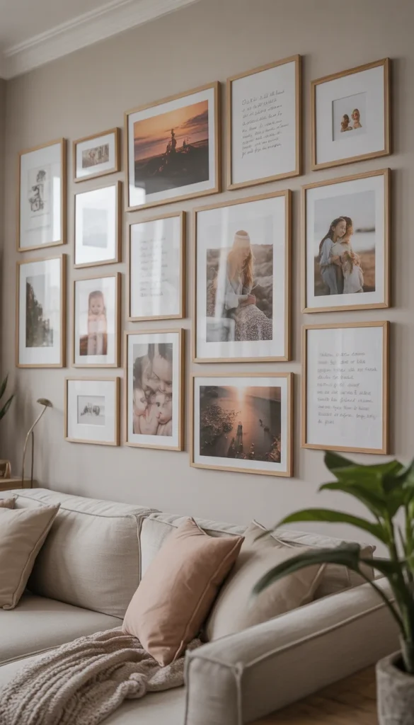 gallery wall with personal photos and meaningful memories in a cozy living room