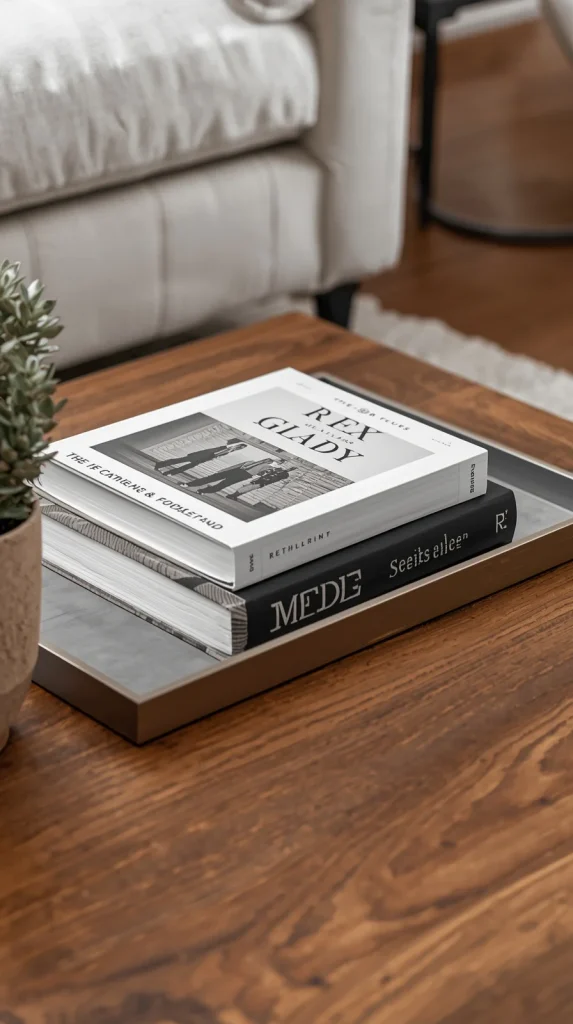 A beautifully styled wooden coffee table holding a decorative tray, stacked design books, and a small indoor plant