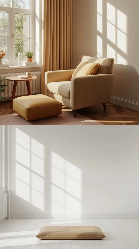 Cozy modern reading nook on top and a serene minimalist meditation corner below.