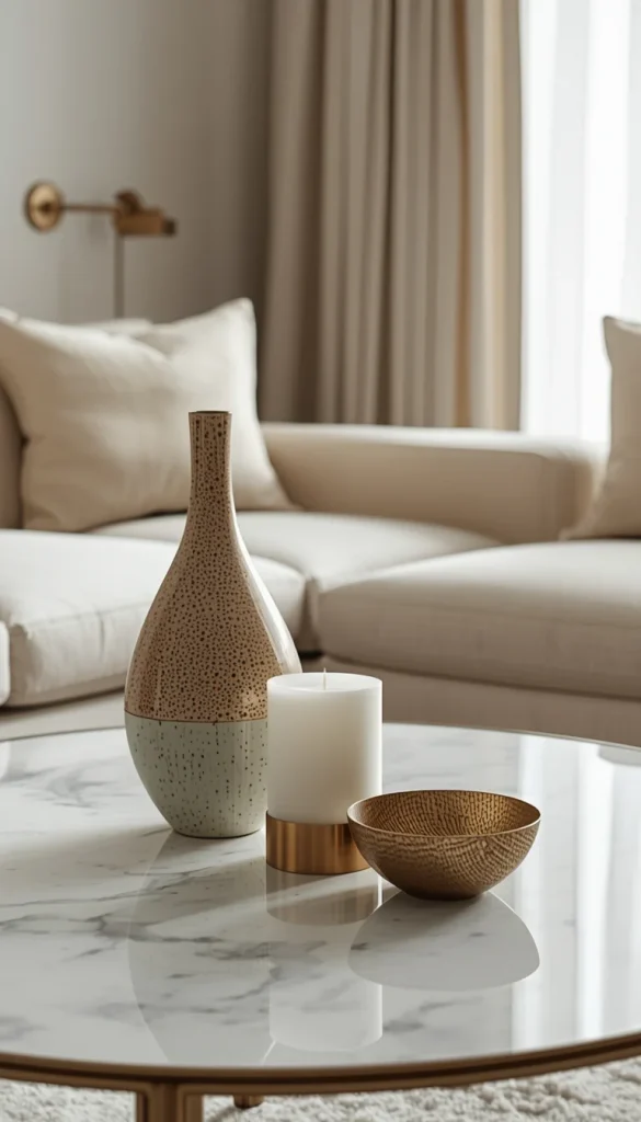 Three decorative items on a coffee table in varying heights and textures demonstrating the rule of three.
