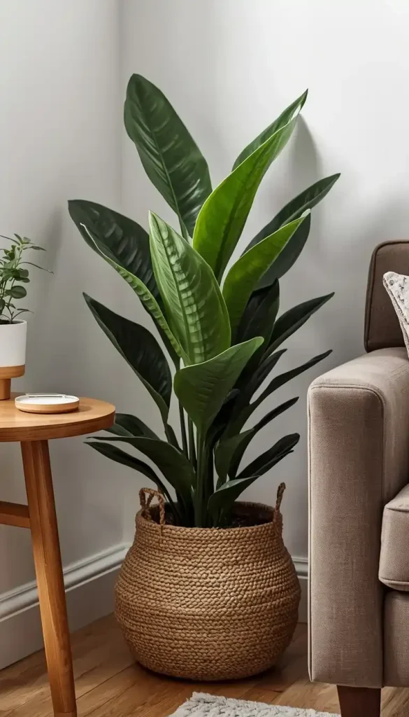 A beautiful living room corner featuring natural elements like a healthy indoor snake plant and a woven basket