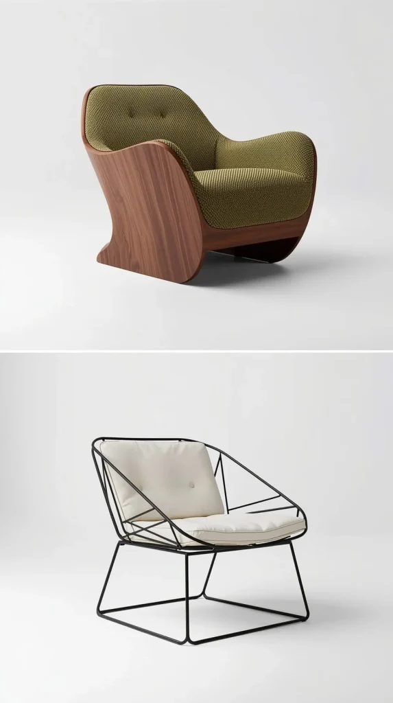 Modern curved wood chair on top and a geometric minimalist metal chair on the bottom.