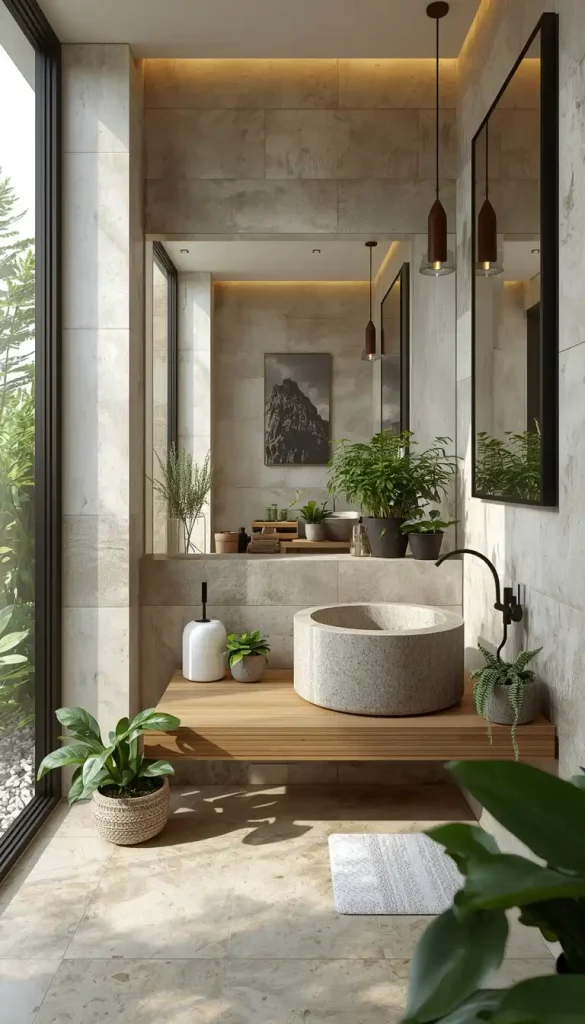 Biophilic bathroom design with indoor plants natural light and modern decor