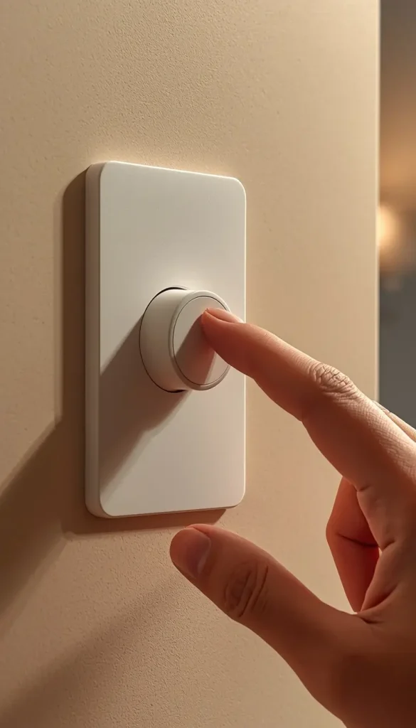 A close-up of a modern white wall dimmer switch controlling the room's lighting level.