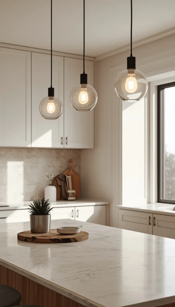 Modern kitchen pendant lighting creating a warm and elegant look