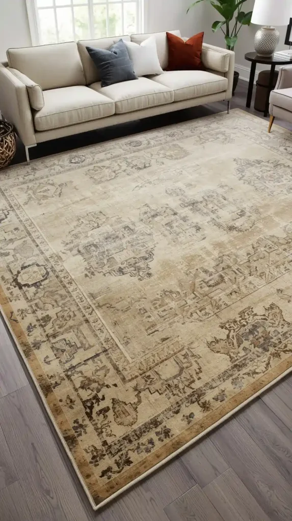 A large, soft area rug placed under a modern living room sofa and coffee table for visual balance
