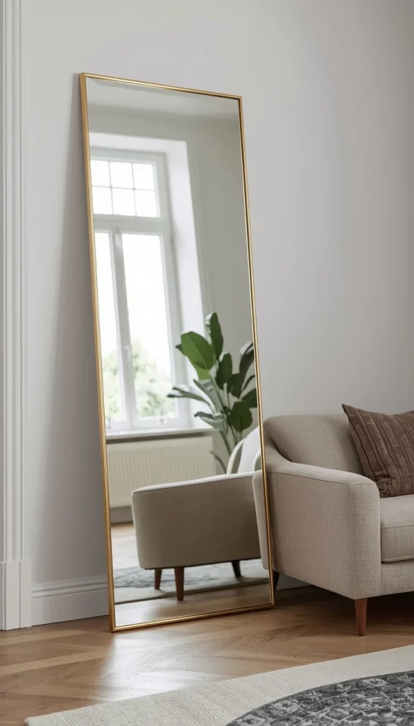A large, minimalist brass floor mirror leaning against a living room wall to reflect bright natural sunlight