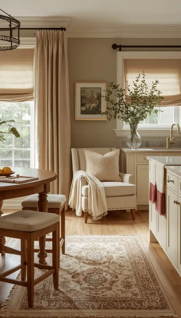 Kitchen with layered seat cushions, throw, table runner, patterned tea towels, layered curtains, and neutral tones illustrating fabric layering.