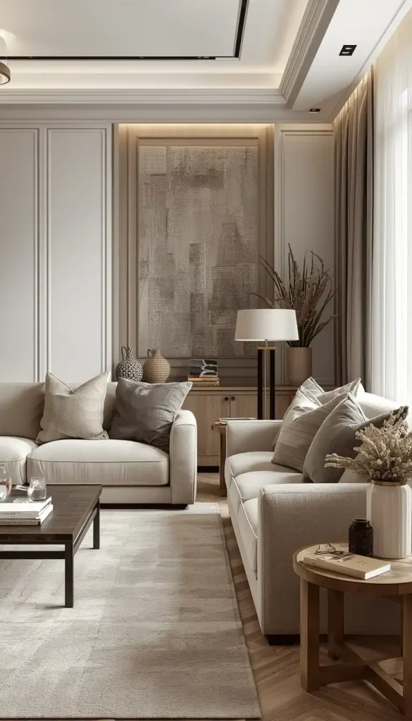 Layered neutral living room with mixed textures and elegant design