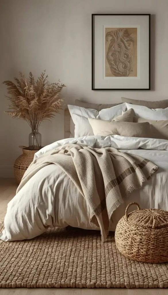 Layered textures bedroom with linen bedding wool blanket and cozy design