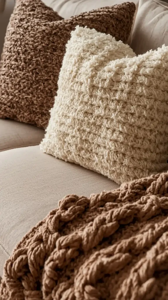 Close-up of a modern sofa featuring layered textured throw pillows and a cozy knit blanket for elegance