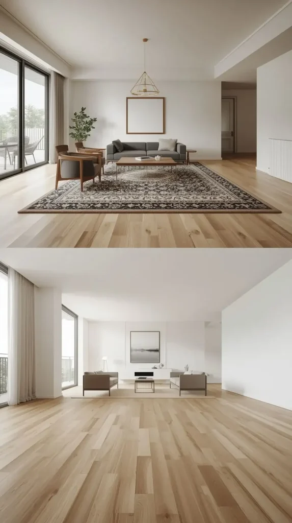 Modern living room with defined zones on top and an expansive minimalist floorplan below.