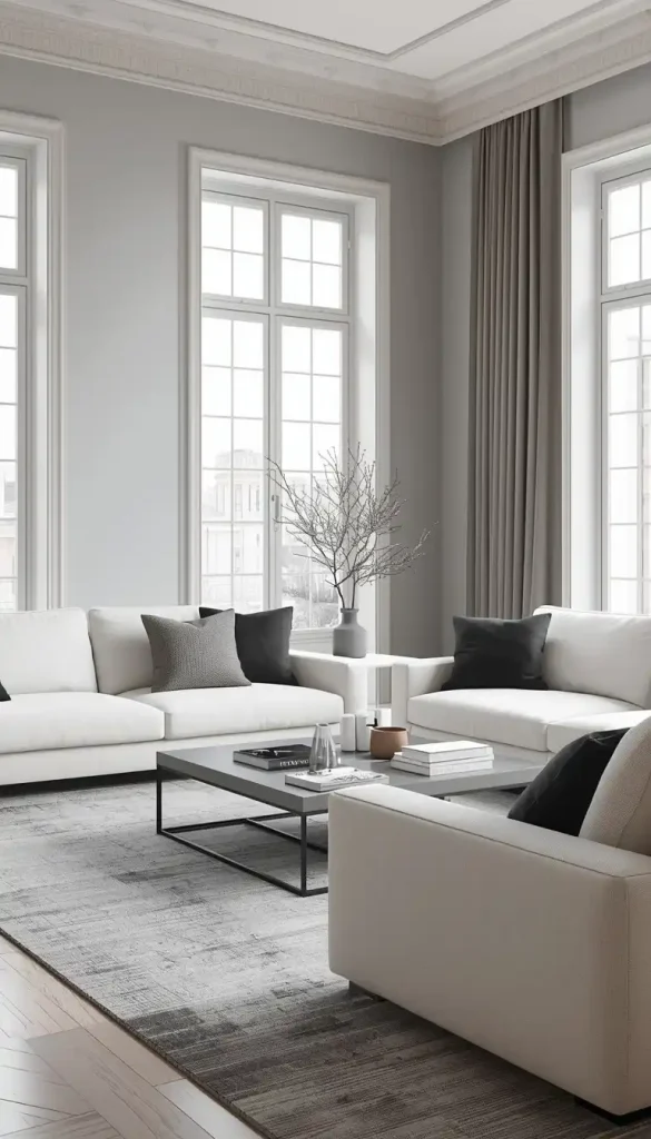 Light gray living room with modern furniture and minimalist interior style