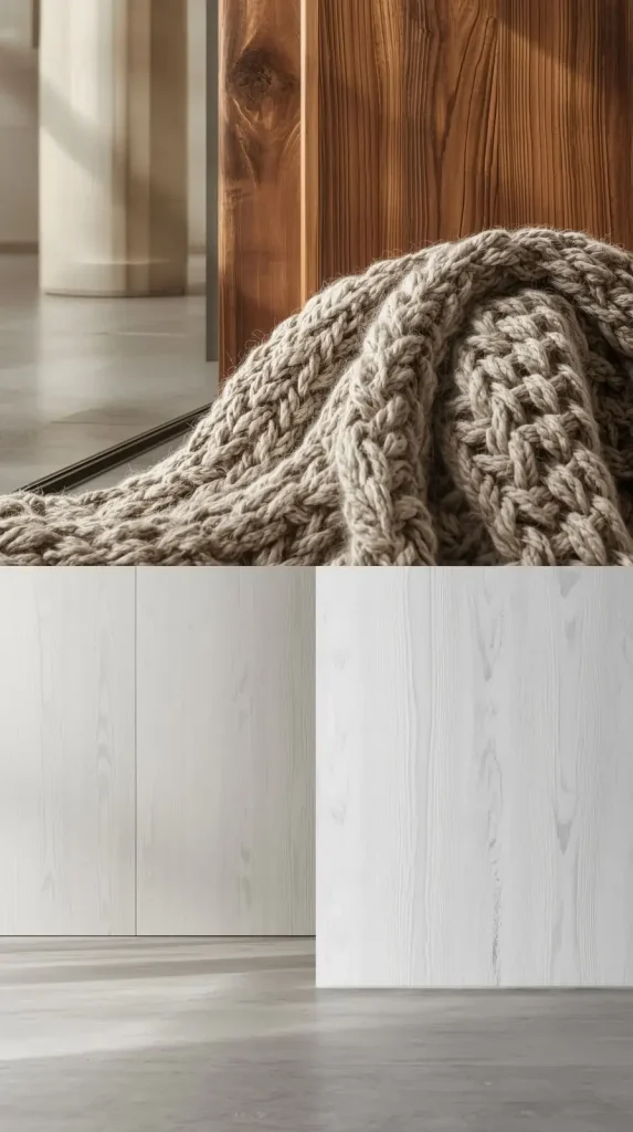 Mix of modern wood and fabric textures on top and smooth minimalist concrete below.