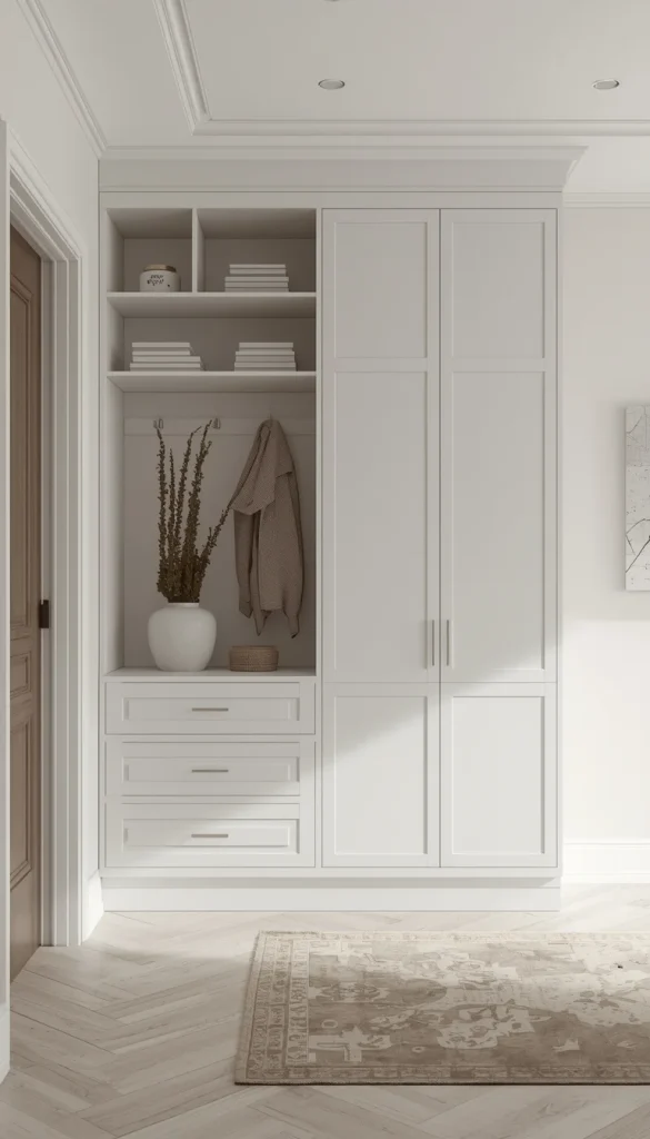 Minimalist storage entryway with built in cabinets clean and organized design