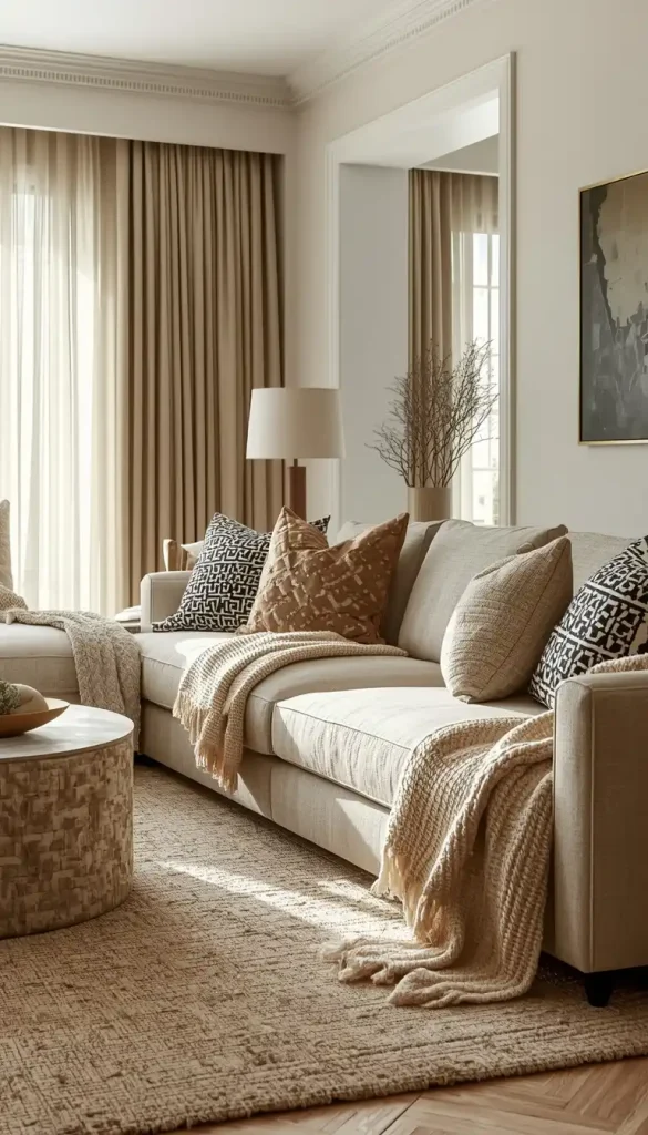 Living room with layered cushions, throws, textured rug, patterned accents, and layered curtains, perfectly showing all fabric layering techniques.”