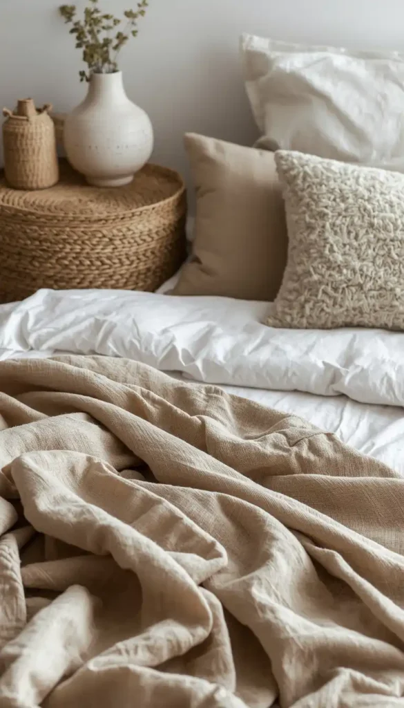 Bedroom styled with mixed textures including linen, rattan, and ceramic for a rich, layered look without clutter