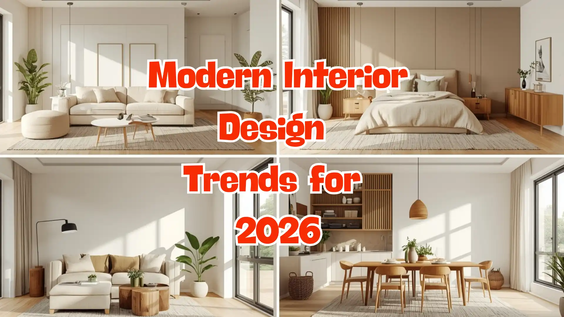 Modern interior design trends 2026 multiple rooms living room bedroom kitchen dining room collage