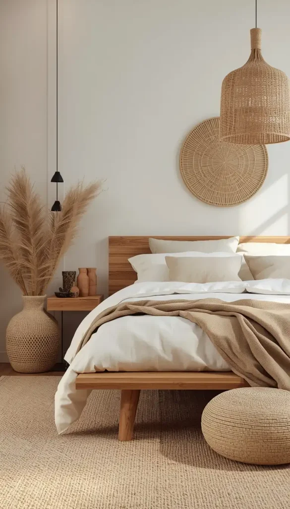 Natural materials bedroom with wood linen and organic textures modern interior