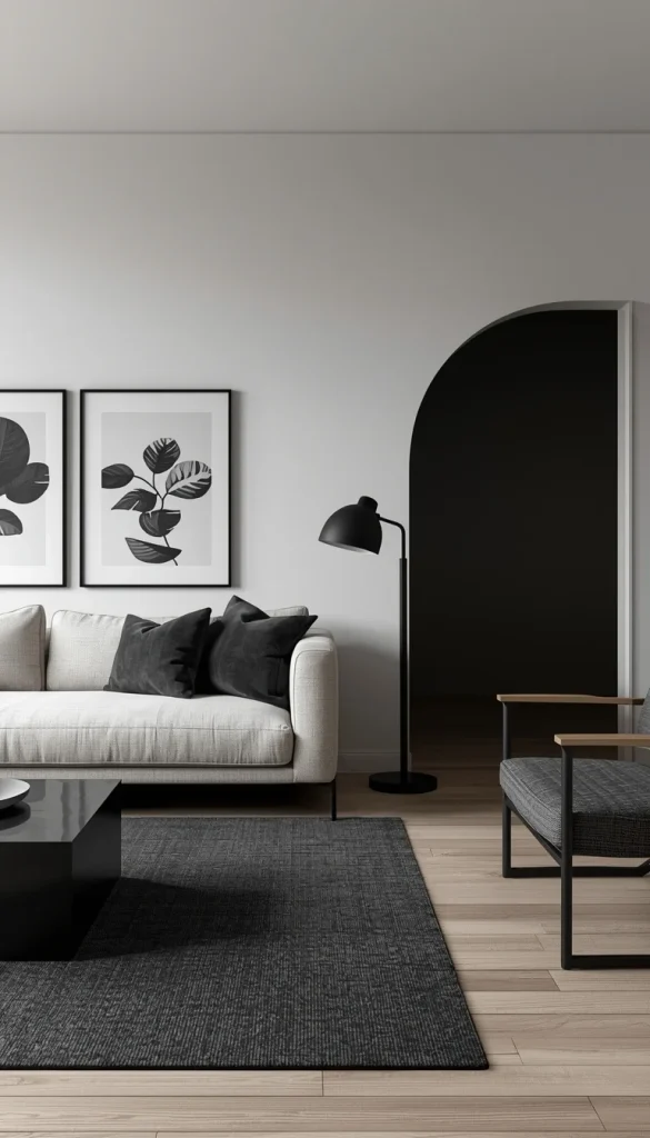Neutral living room with dark accents and modern contrast decor