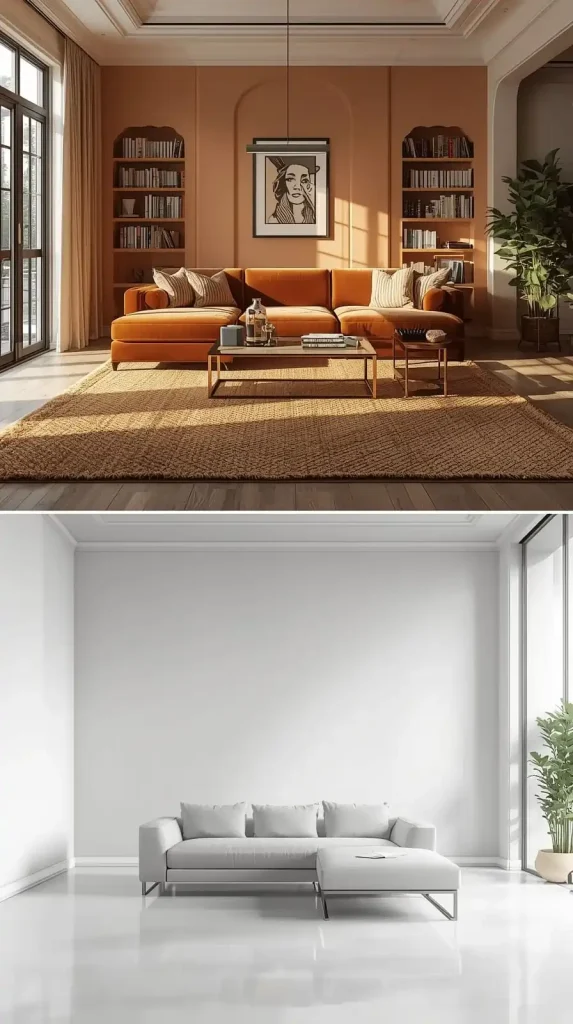Vertical split image showing a comfortable modern room on top and a completely bare minimalist room on the bottom. modern vs minimalist image