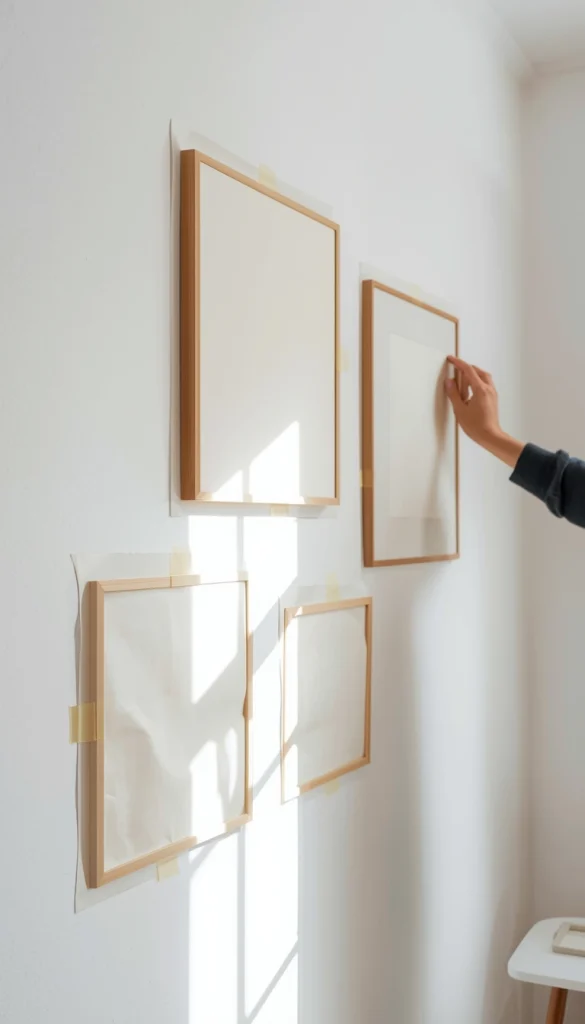 planning a gallery wall layout using paper templates on a wall