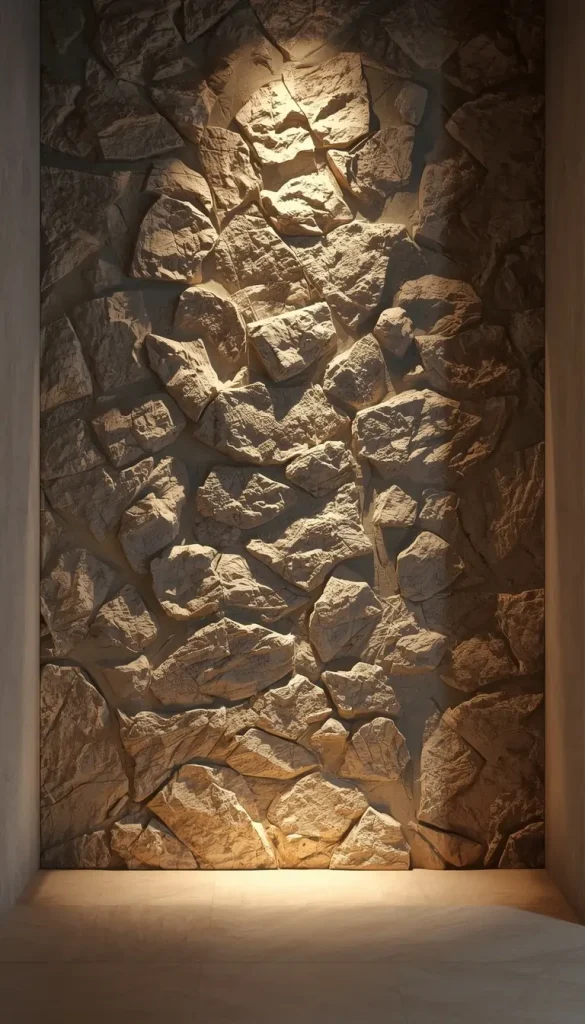 A floor uplight grazing a textured stone wall to highlight the architectural details.